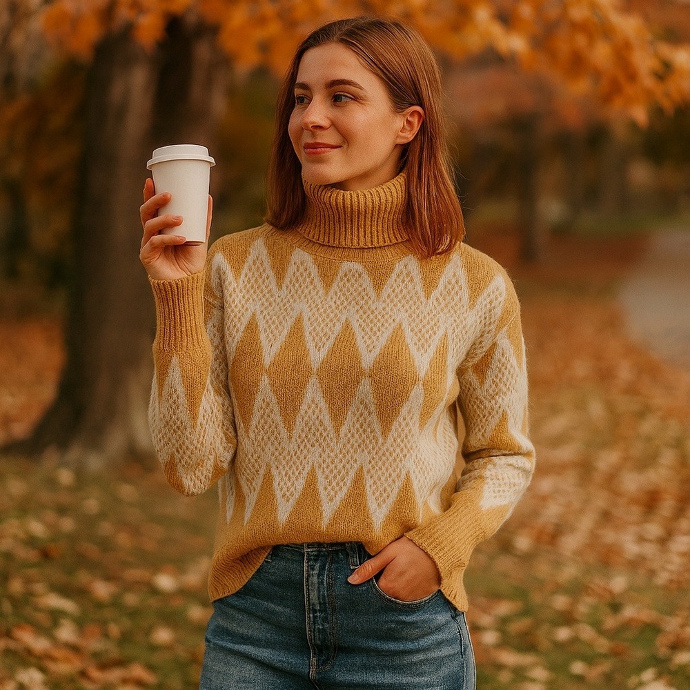 Industry Republic Tan Cream Diamond Knit Turtleneck‎ Sweater Small Argyle Retro